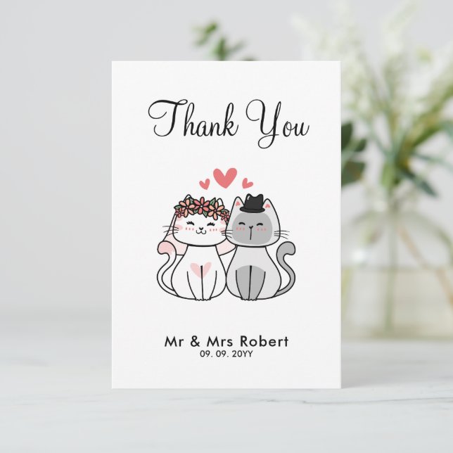 Cute Cat Bride And Groom  Thank You Card (Standing Front)