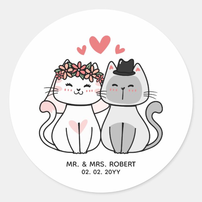 Cute Cat Bride And Groom Wedding Classic Round Sticker (Front)