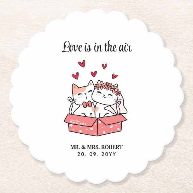Cute Cat Bride And Groom Wedding Reception Paper Coaster (Front)