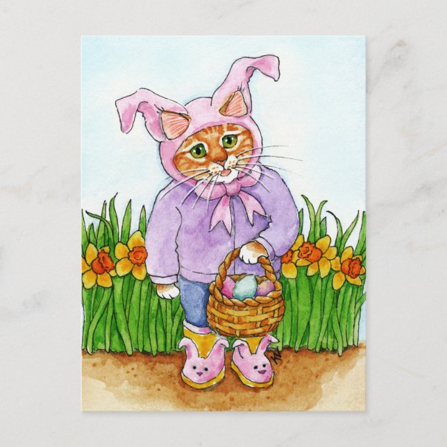 Cute cat bunny suit daffodils pink Easter postcard (Front)