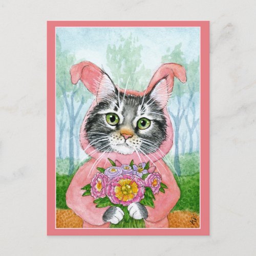 Cute cat bunny suit flowers pink Easter postcard