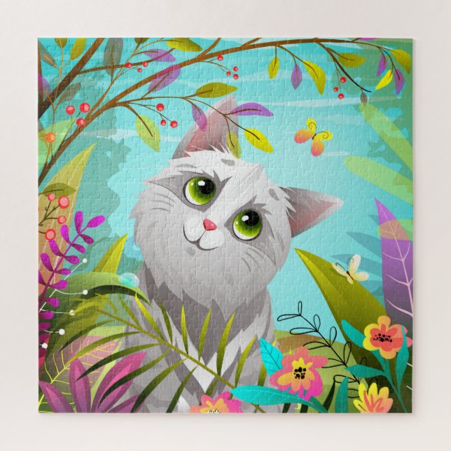 Cute Cat Butterflies Flowers Puzzle (Vertical)