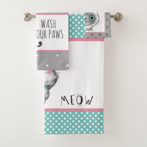 Cute cat, Butterflies, Polka Dots Bath Towel Set