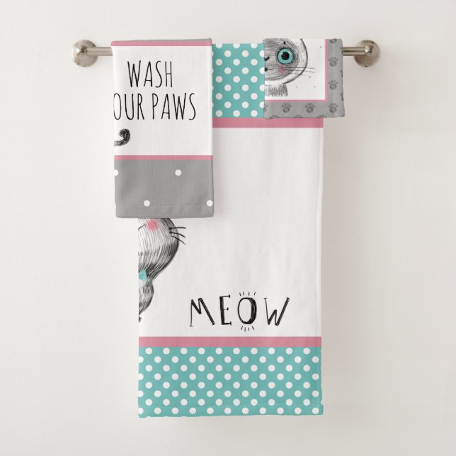Cute cat, Butterflies, Polka Dots Bath Towel Set (Insitu)