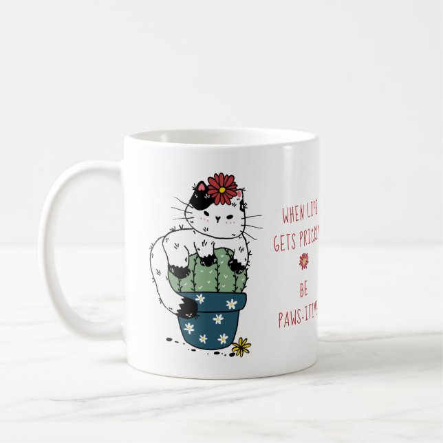 Cute Cat Cactus Positive Saying Pun Coffee Mug (Left)