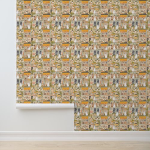Cute Cat Cafe Floral Pattern Wallpaper