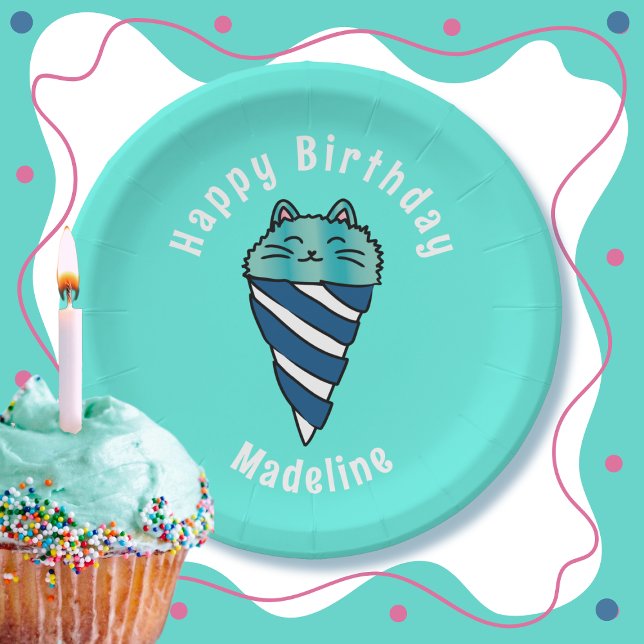 Cute Cat Cartoon Blue Ice Cream Cone Birthday Paper Plates (Creator Uploaded)