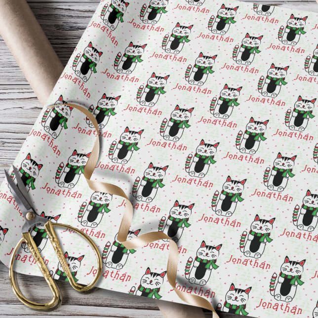 Cute Cat Cartoon Christmas with Child Name  Wrapping Paper (Creator Uploaded)