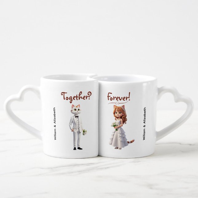 Cute Cat Cartoon Couple  Together Forever Coffee Mug Set (Back Nesting)