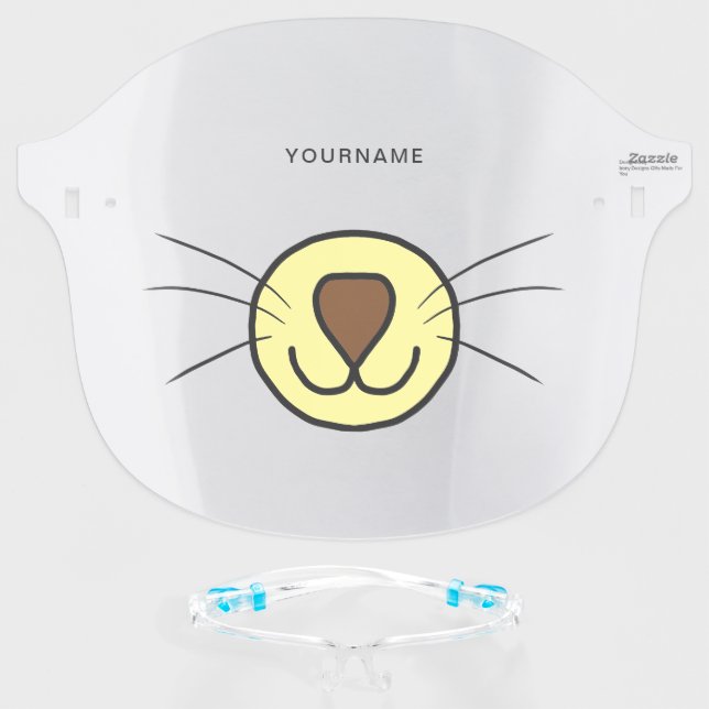 Cute Cat Cartoon Face Mouth Personalize | Brown Face Shield (Front w/Glasses)