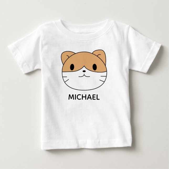 Cute Cat Cartoon Face Personalised Baby T-Shirt (Front)
