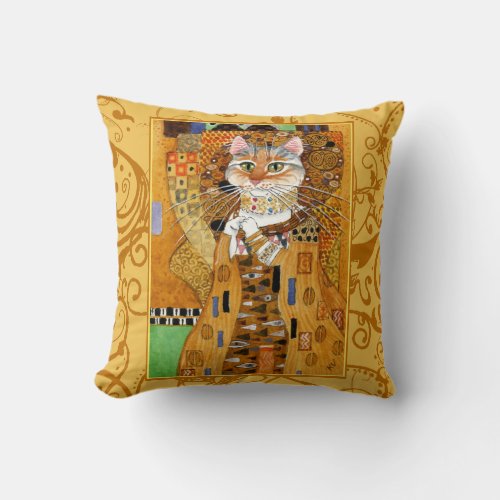 Cute cat cartoon Klimt gold pillow