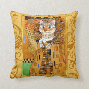Cute cat cartoon Klimt gold pillow