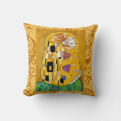 Cute cat cartoon Klimt The Kiss gold pillow