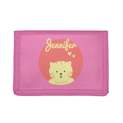 Cute Cat Cartoon Personalized Hot Pink Kids  Trifold Wallet