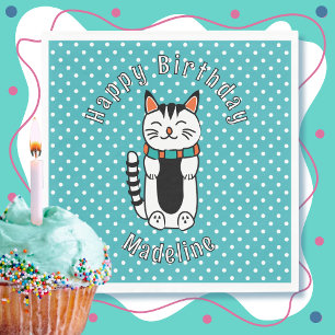 Cute Cat Cartoon Turquoise White Dot Birthday Napkins