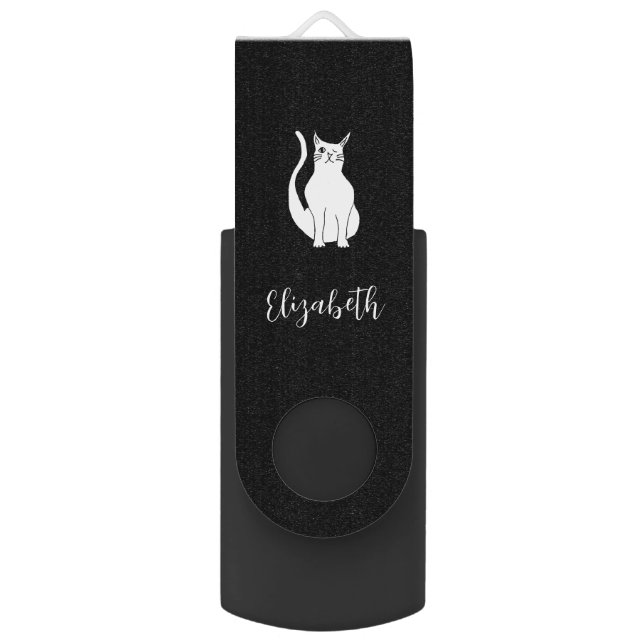 Cute Cat Cartoon Winking Kitty Black Flash Drive (Front Vertical)
