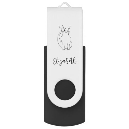 Cute Cat Cartoon Winking Kitty Black White Flash Drive