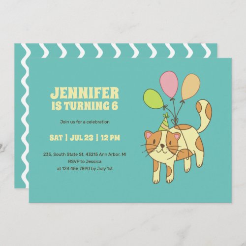 Cute Cat Cartoon With Balloon Kids Birthday Invitation