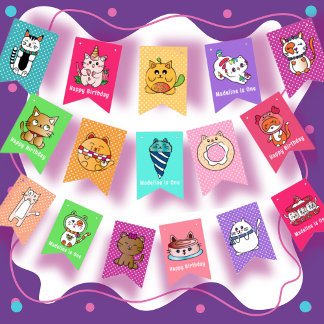 Cute Cat Cartoons Colorful For Kids Birthday Bunting Flags