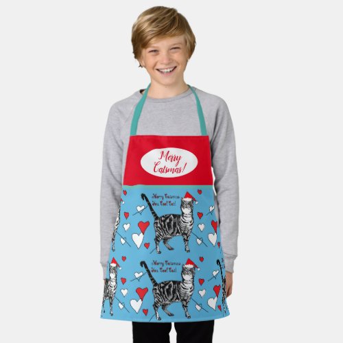 Cute Cat Cats Merry Christmas Blue Red Boys Apron