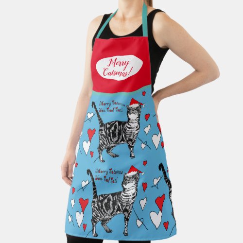 Cute Cat Cats Merry Christmas Red Blue Apron