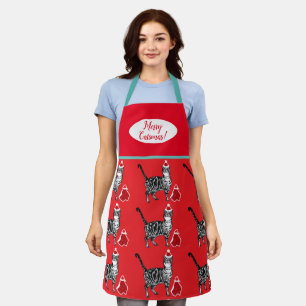 Cute Cat Cats Merry Christmas Red Blue Apron