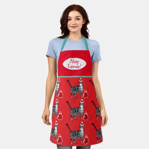 Cute Cat Cats Merry Christmas Red Blue Apron