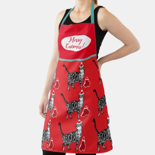 Cute Cat Cats Merry Christmas Red Green Apron