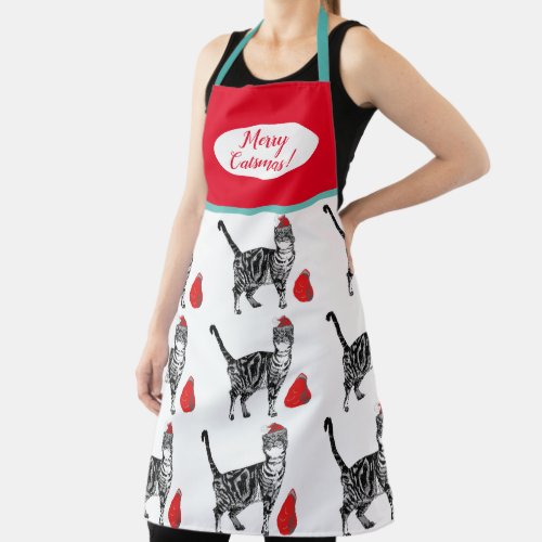 Cute Cat Cats Merry Christmas Red white Apron