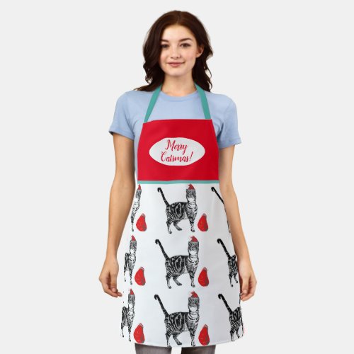 Cute Cat Cats Merry Christmas Red white Apron