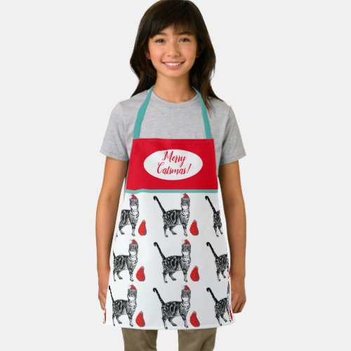 Cute Cat Cats Merry Christmas Red white Kids Apron