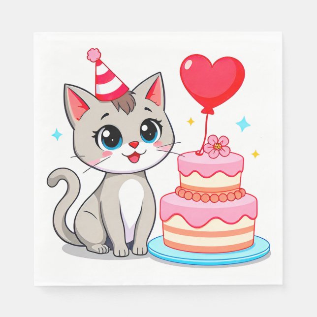 Cute Cat Celebrating a Birthday with a Cake Napkins (Front)