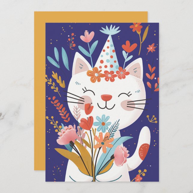 Cute Cat Celebration Birthday Invitation Card (Front/Back)