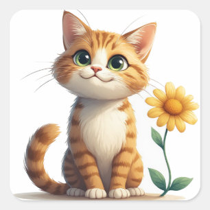 Cute Cat Character With Flowers Joy 🌷 Square Sticker