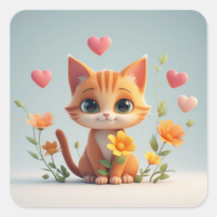 Cute Cat Character With Hearts And Flowers Joy 🌷 Square Sticker