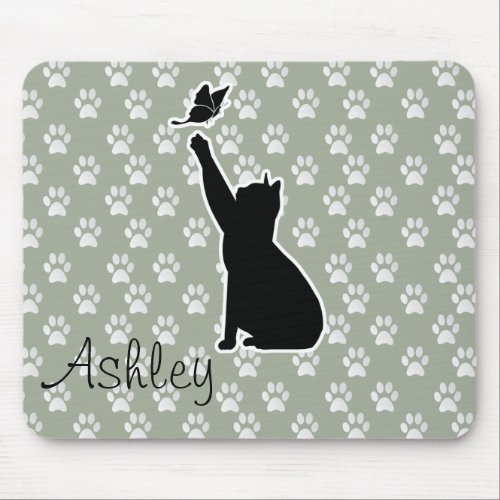 Cute Cat Chasing A butterfly Paws Pattern Monogram Mouse Pad