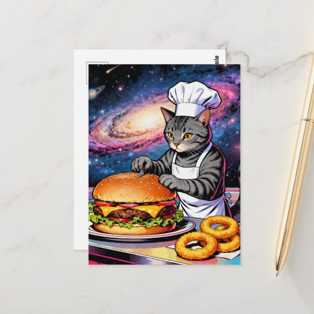 Cute Cat Chef Making CheeseBurger and Onion Rings Postcard (Front/Back In Situ)