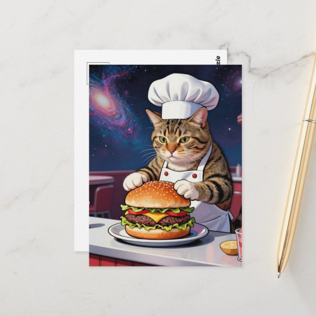 Cute Cat Chef Making CheeseBurger in Space Diner Postcard (Front/Back In Situ)