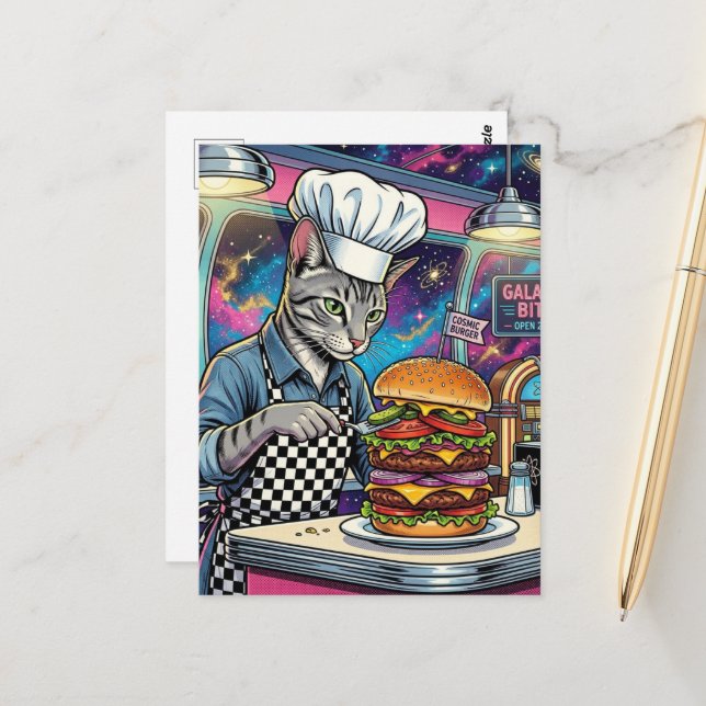 Cute Cat Chef Making Cheeseburger in Space Diner Postcard (Front/Back In Situ)