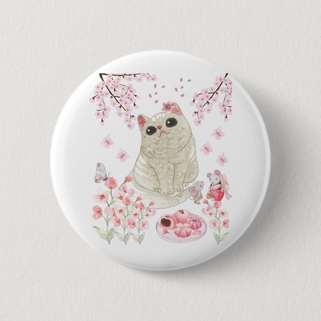 Cute Cat Cherry Blossom Button (Front)