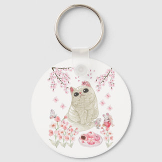 Cute Cat Cherry Blossom Keychain