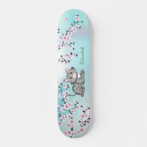 Cute Cat Cherry Blossom Pink Turquoise Add Name Skateboard