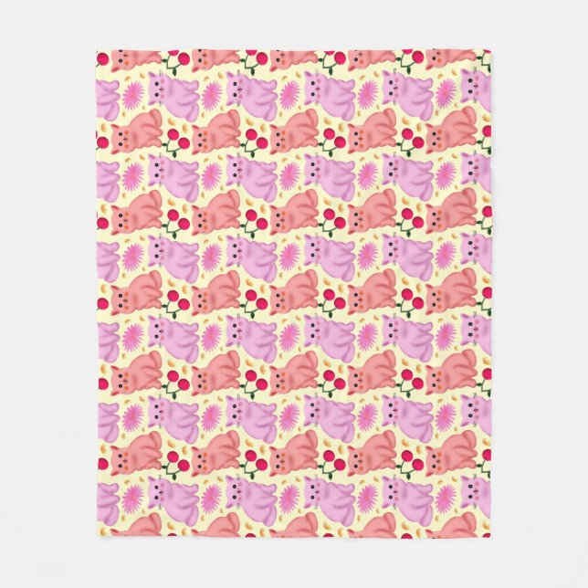 Cute Cat Cherry Floral Pattern | Kawaii Kitty  Fleece Blanket (Front)