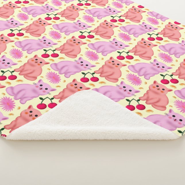 Cute Cat Cherry Floral Pattern | Kawaii Kitty  Sherpa Blanket (3/4)