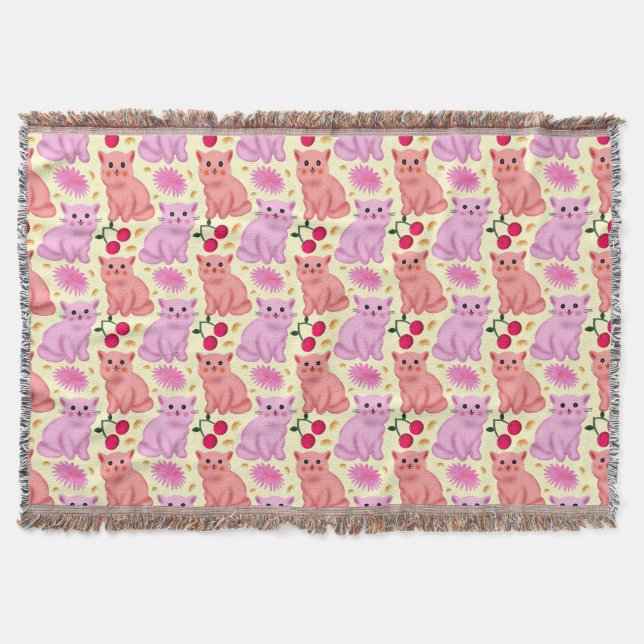 Cute Cat Cherry Floral Pattern | Kawaii Kitty  Throw Blanket (Front)