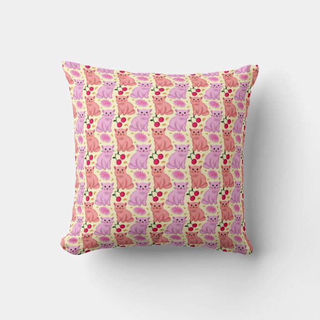 Cute Cat Cherry Floral Pattern | Kawaii Kitty  Throw Pillow (Front)