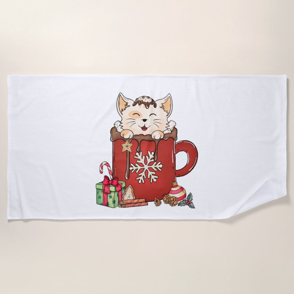 Discover Cute Cat Christmas Chocolate Coffee Custom Beach Towel