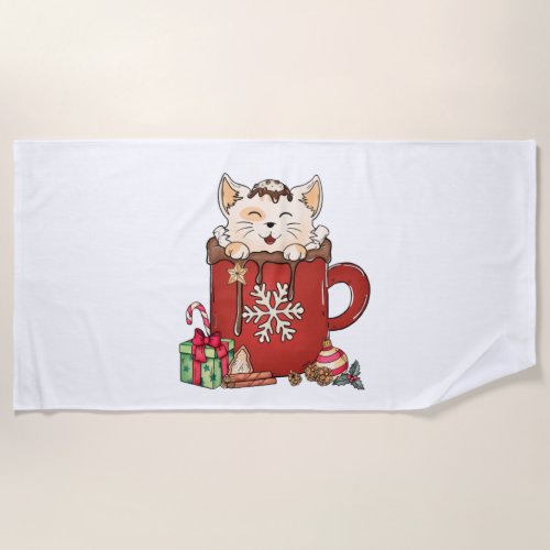 Cute Cat Christmas Chocolate Coffee   Beach Towel