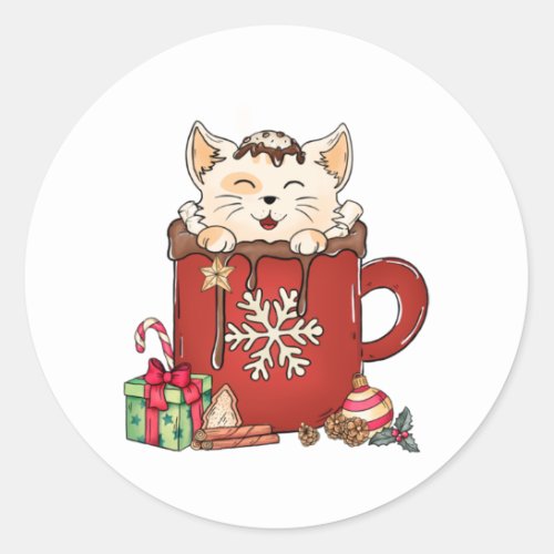 Cute Cat Christmas Chocolate Coffee   Classic Round Sticker
